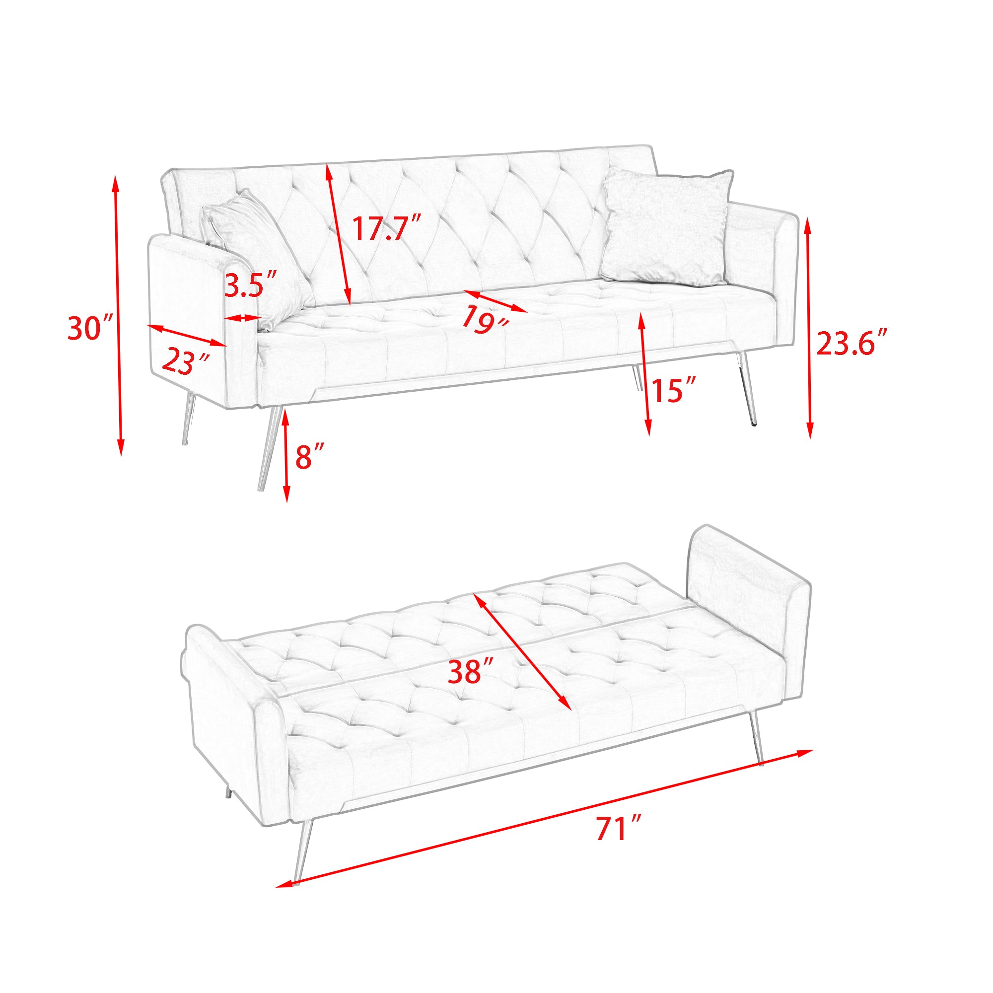Green velvet convertible love seat by Anthony & Home with plush cushions and sleek modern design.