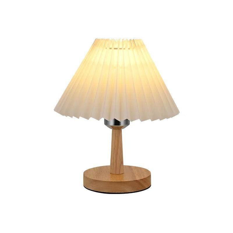 Simple Solid Wood Bedside Table Lamp With Pleated Shade USB