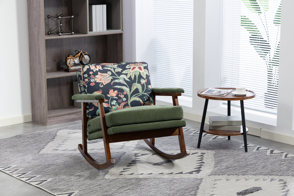 Walnut frame mid-century modern studio rocking chair by Anthony & Home with curved wooden armrests and cushioned seat.