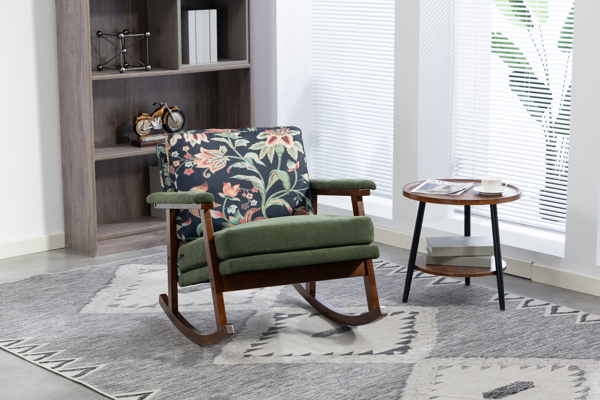 Walnut frame mid-century modern studio rocking chair by Anthony & Home with curved wooden armrests and cushioned seat.