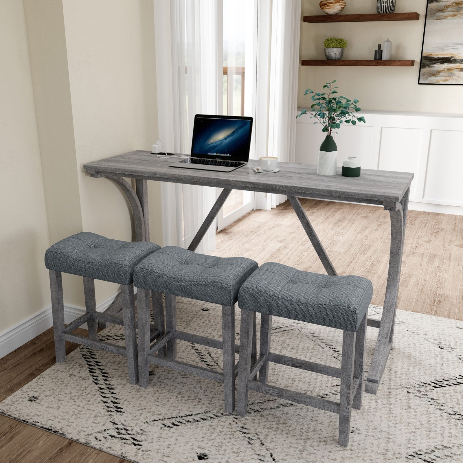 Gray Industrial Bar Table Set With Power Outlet And Chairs