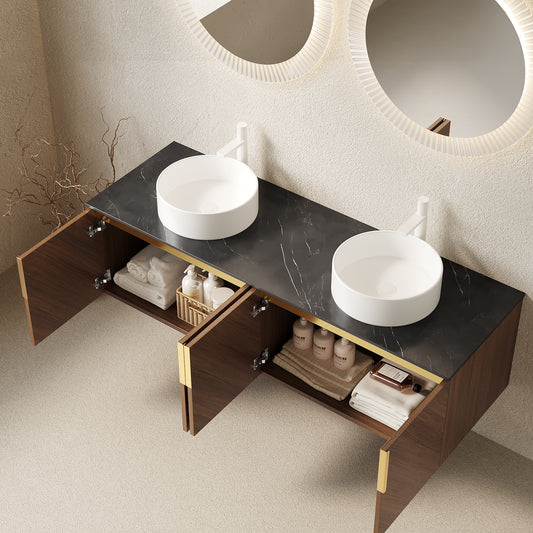 ARAI 60' Bathroom Vanity with Sinks, Floating Wall - Mounted Plywood Bathroom Storage Cabinet with 4 Doors, 2 White Round Ceramic Basins and Black Sintered Stone Countertop, Brown Oak Woodgrain Color - Anthony & Home