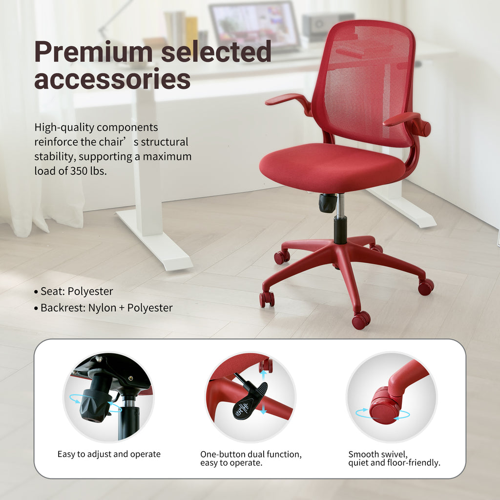 Anthony & Home ergonomic mesh office chair with molded foam cushion from Atelier Collection in red, featuring adjustable armrests and lumbar support.