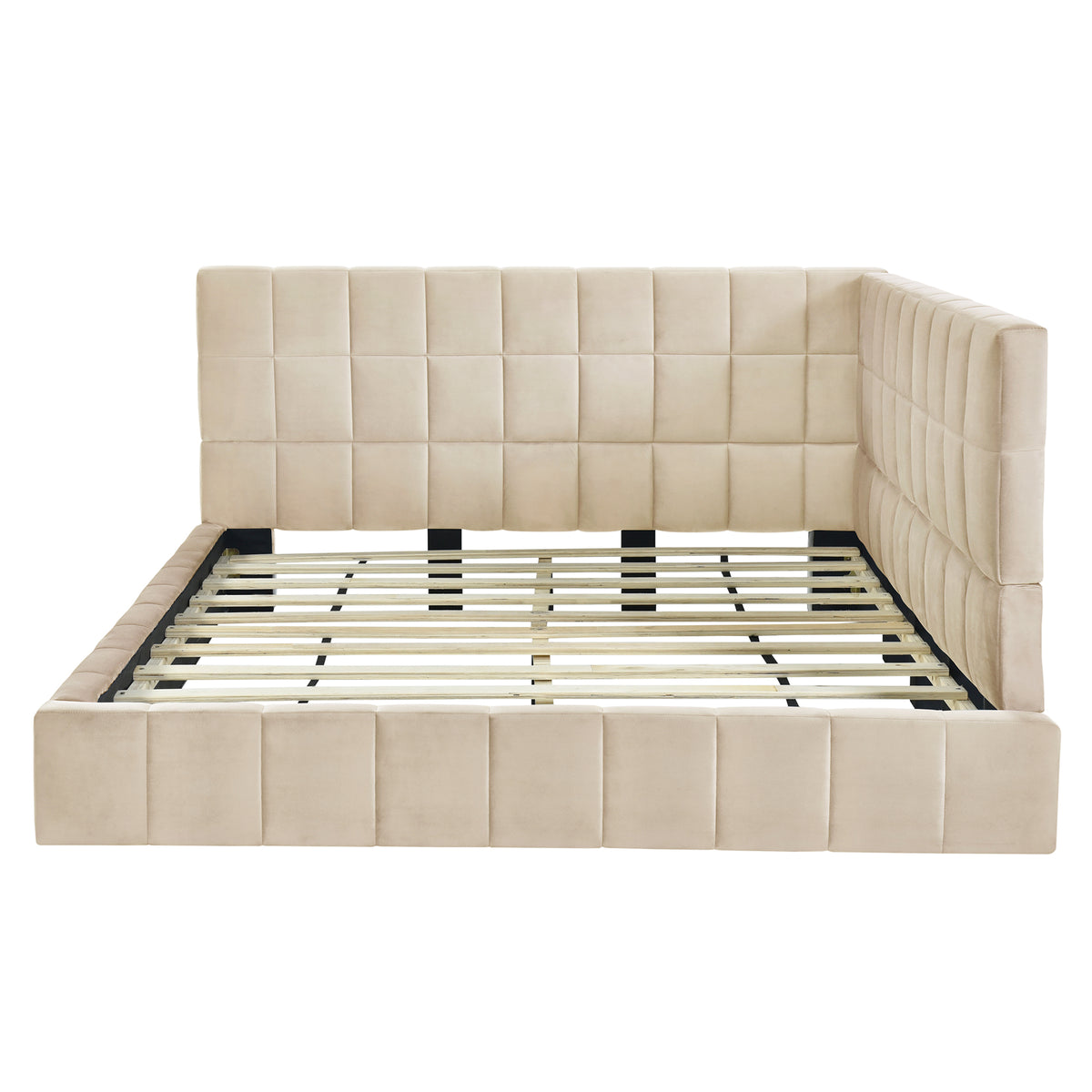 Beige velvet full size daybed frame from Anthony & Home's Atelier Collection with a modern, plush design and wooden legs.