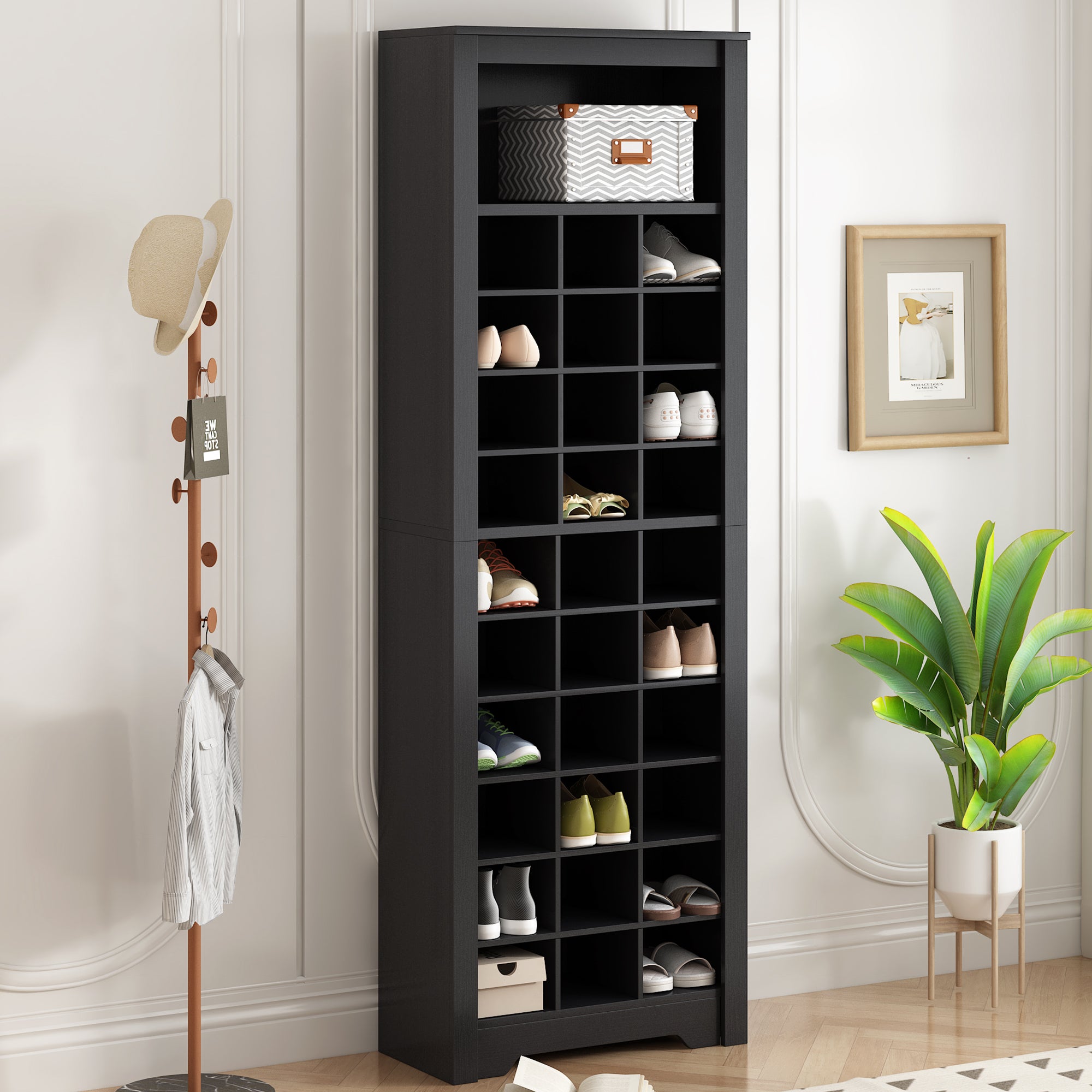 On Trend Exclusive Shoe Cubby Console 30 Cubby Particle Board Black Free Standing Tall Cabinet Hallway Bedroom