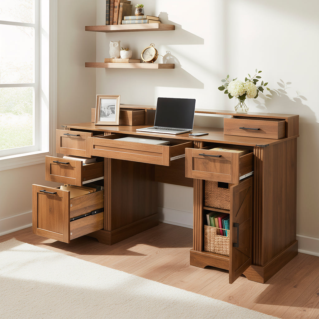 Anthony & Home Atelier dark walnut farmhouse office desk with barn door, charging station, and monitor stand, showcasing a stylish workspace.