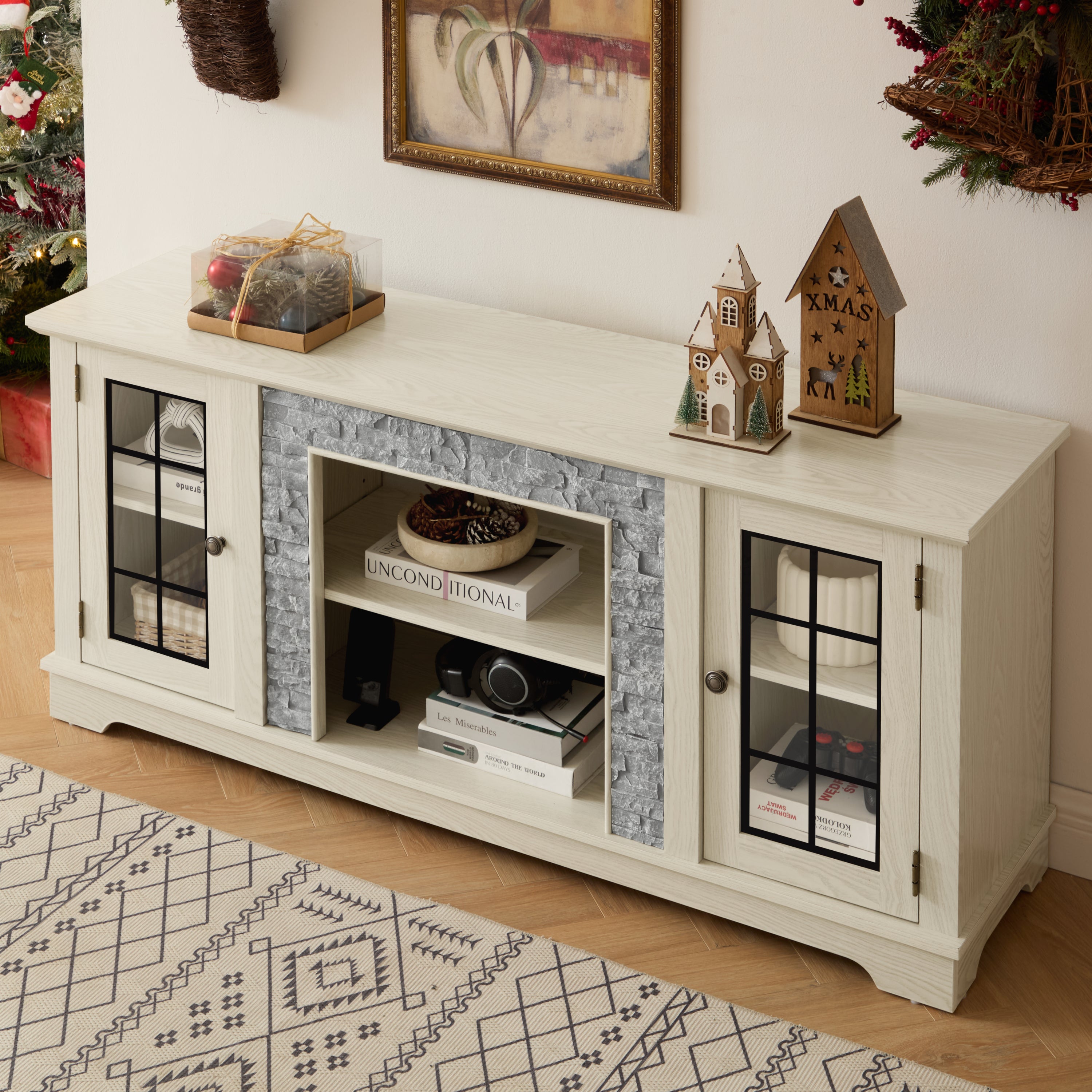 White 58-inch modern TV stand with faux stone accents, two-door storage, ideal for living room entertainment centers.