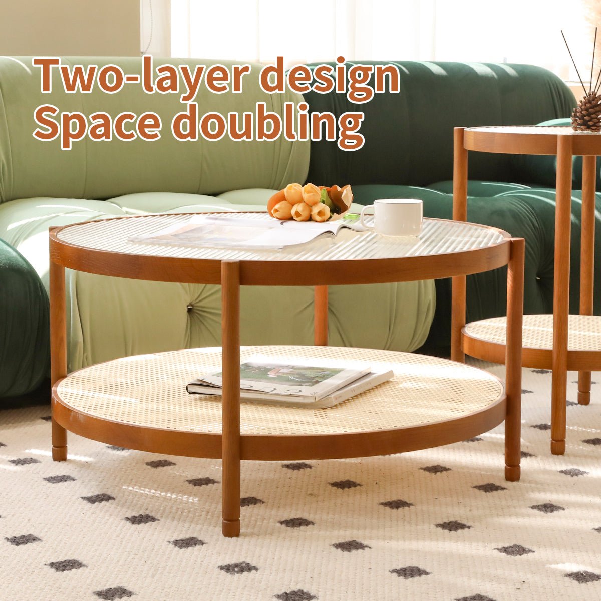 Nestling round wood coffee tables from Anthony & Home with tempered glass tops, stylish and versatile for living room decor.