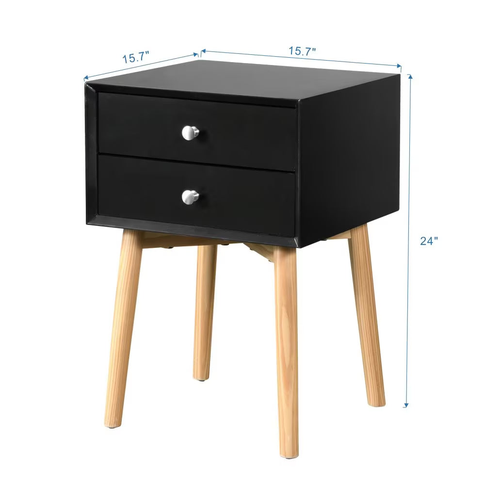Modern Bedside Table With Two Drawers And Wood Legs