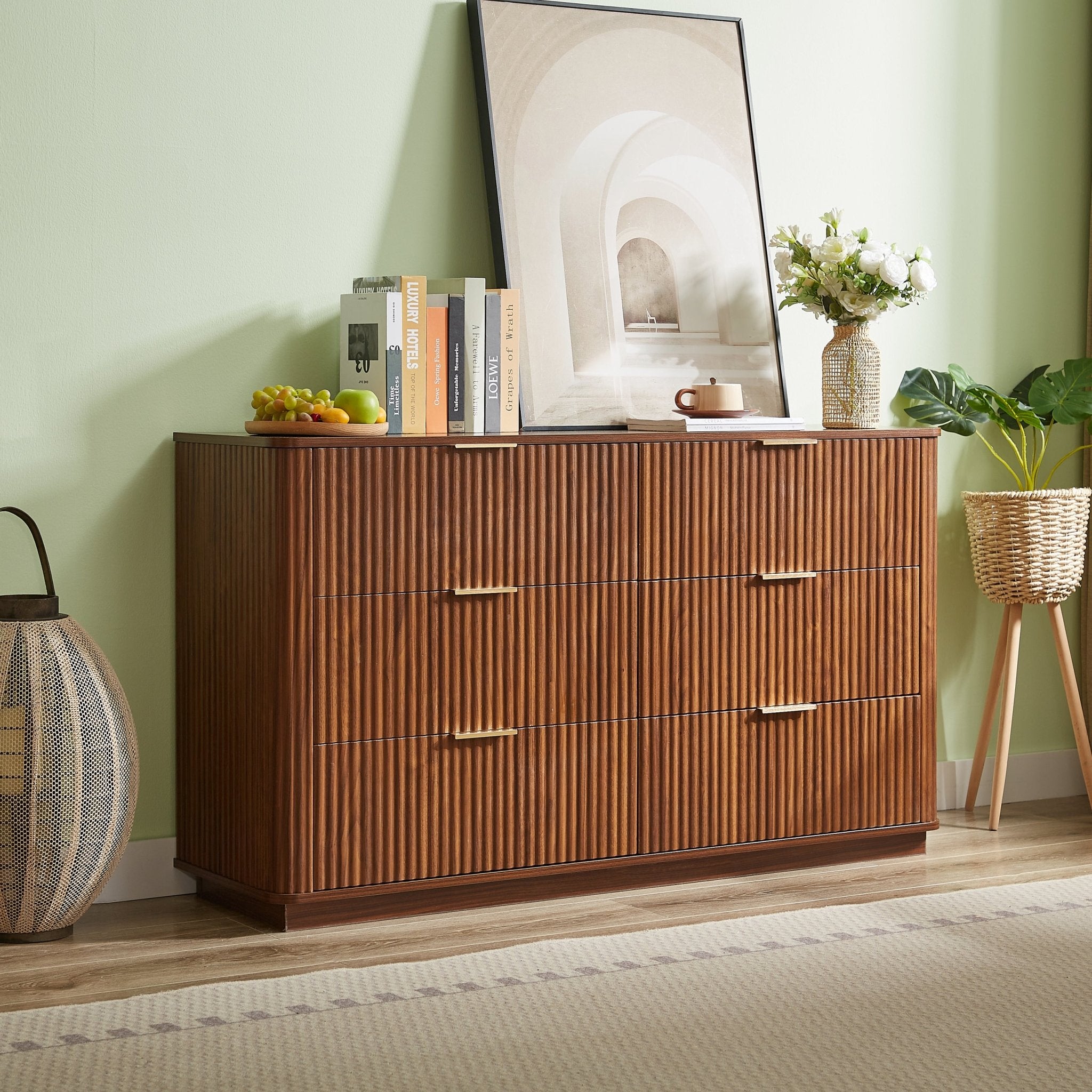 Walnut Wave six-drawer dresser and TV stand by Anthony & Home, 55-inch wide with curved profile from Studio Collection.
