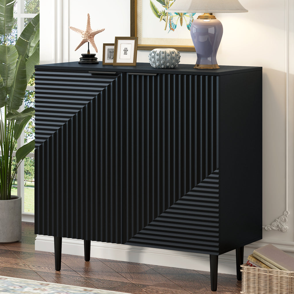 Anthony & Home Mirod Atelier side cabinet with geometric doors, featuring sleek wood finish and modern design.