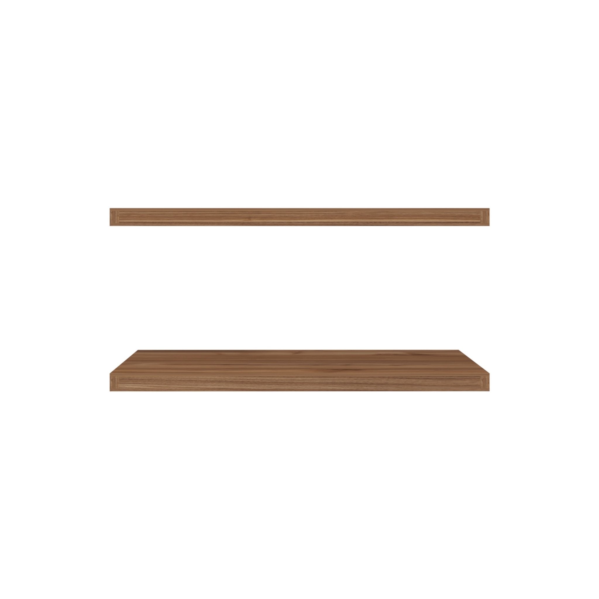 Two mahogany floating shelves from Anthony & Home Heritage Collection, wall-mounted with a sleek, natural wood finish.