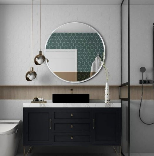 32 Inch Black Metal Framed Round Bathroom Mirror For Wall