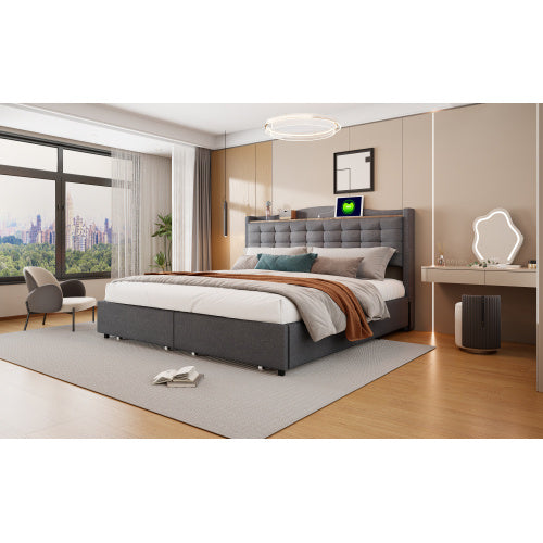 Grey Linen Upholstered Bed Frame 160x200 cm USB Nightstand