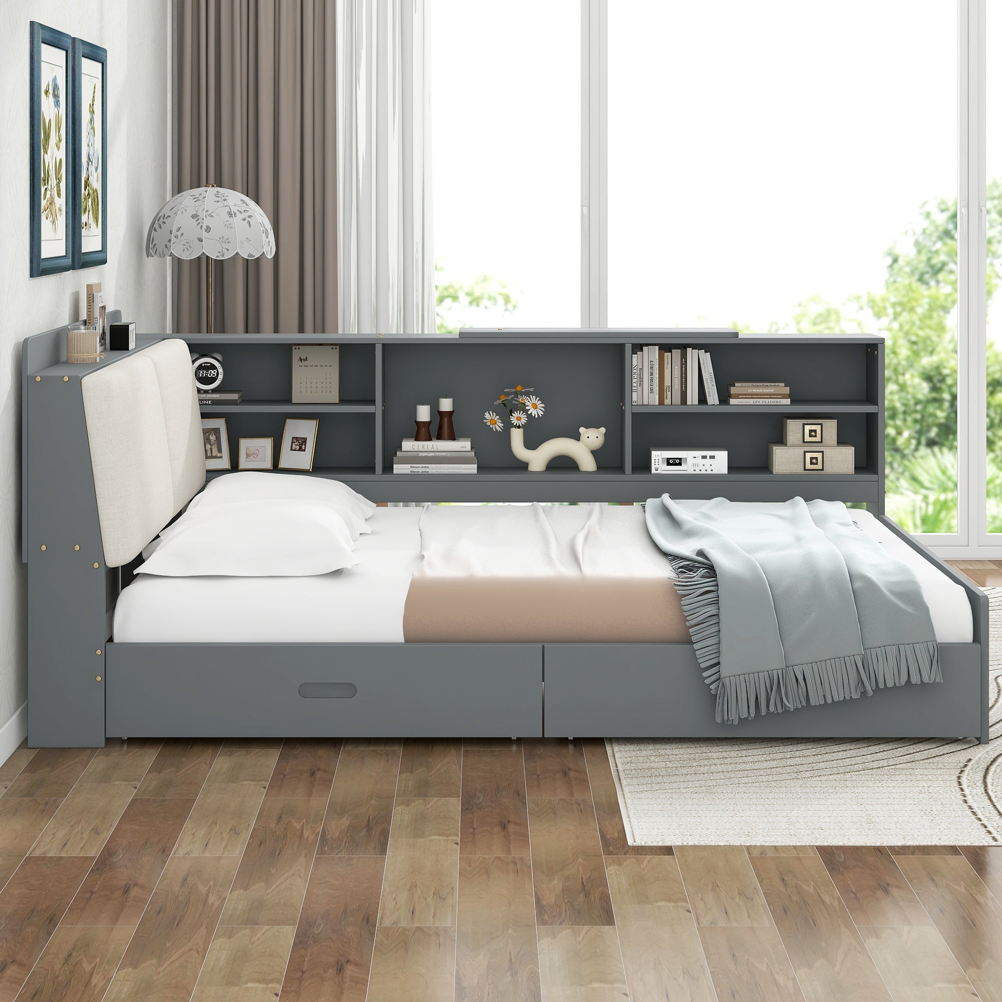 Solid wood platform bed with built-in storage from Anthony & Home, showcasing a sturdy frame and minimalist design in natural wood finish.