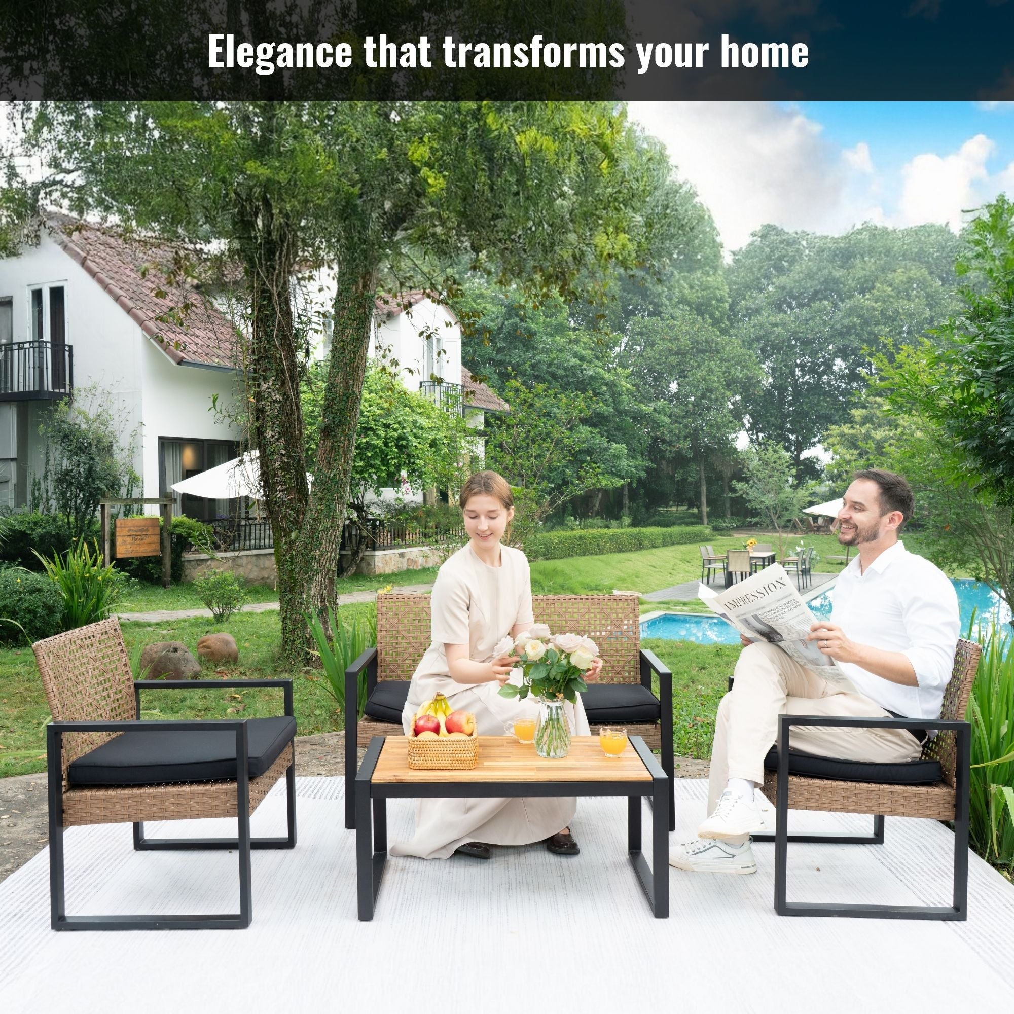 Anthony & Home Acacia Wood Studio Outdoor 4-Piece Set with a table and three chairs, designed for outdoor patio use.