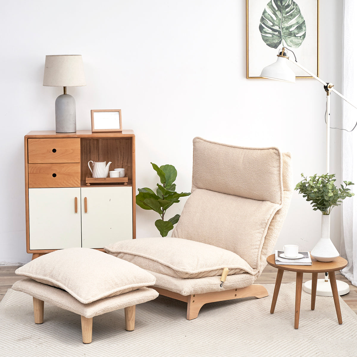 Beige Anthony & Home foldable metal frame recliner with padded seat and backrest, showing its sturdy structure and comfortable design.