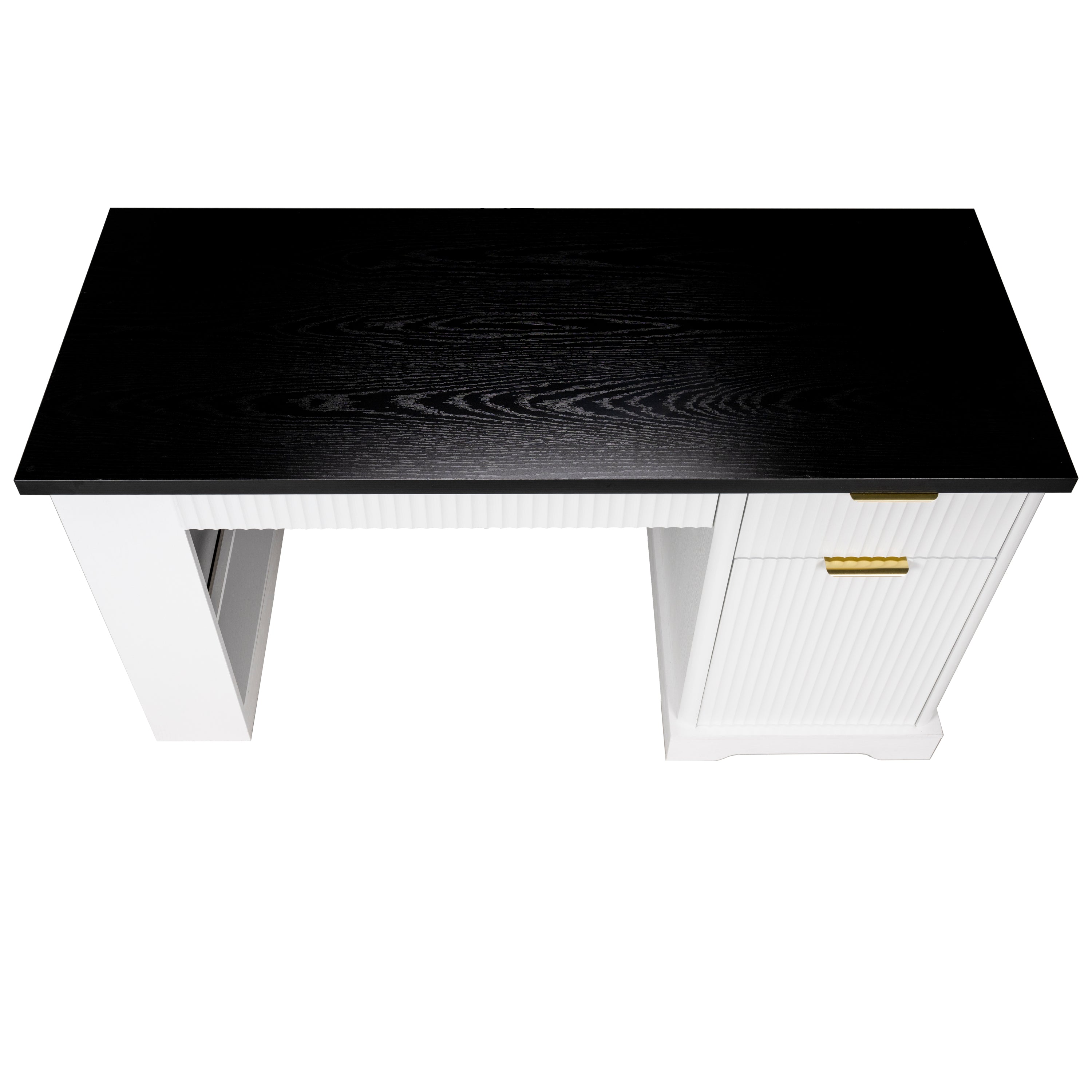 White 55-inch Atelier Fluted Office Desk with storage cabinet, pegboard, and keyboard tray by Anthony & Home