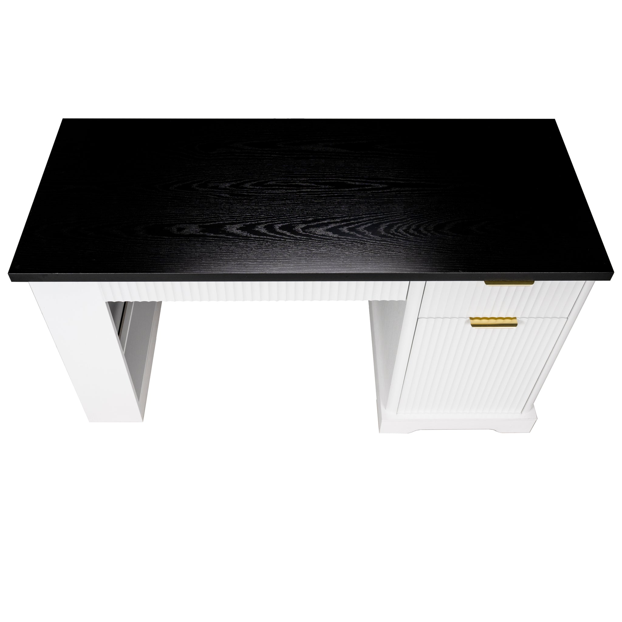 White 55-inch Atelier Fluted Office Desk with storage cabinet, pegboard, and keyboard tray by Anthony & Home