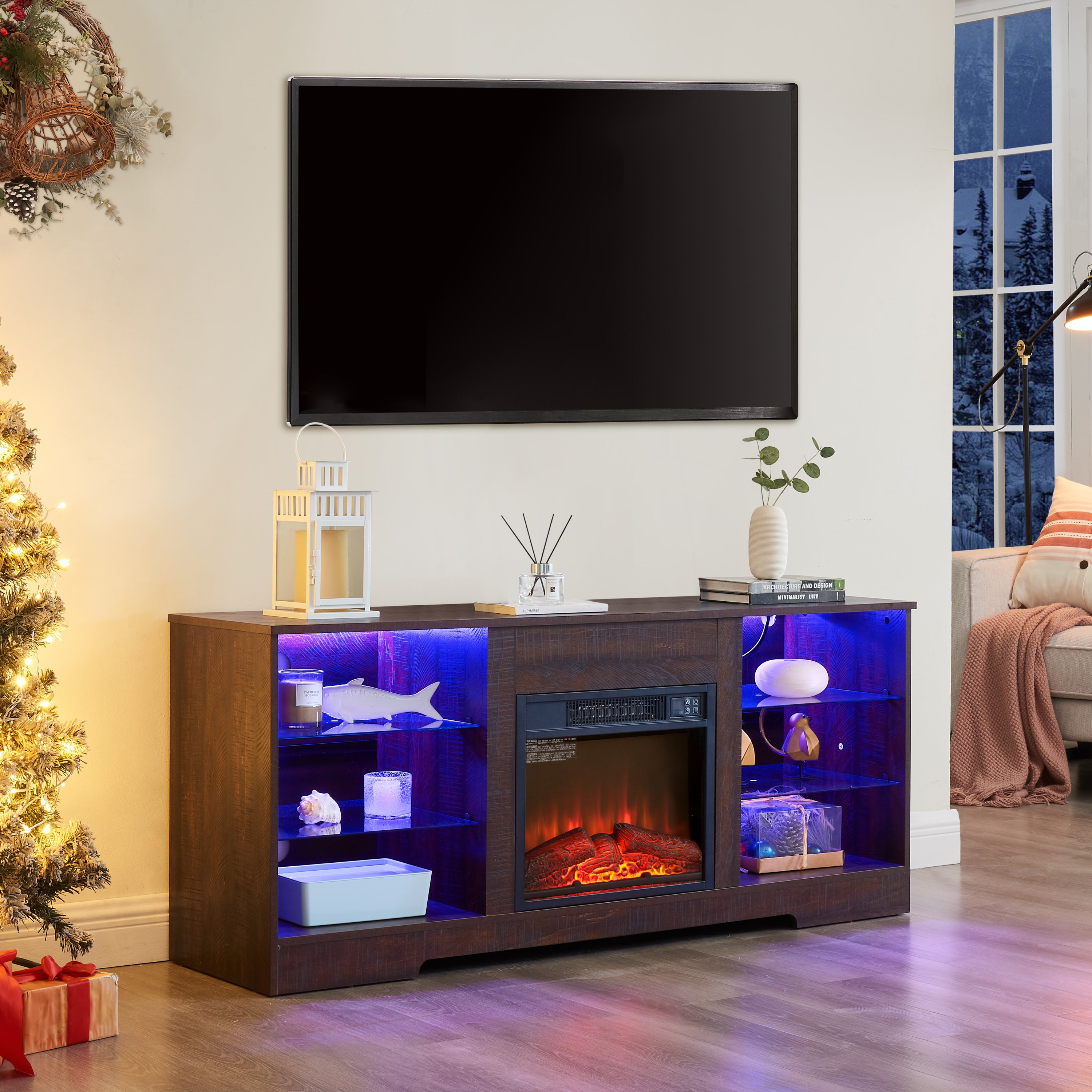 Anthony & Home electric fireplace TV stand with glass shelves, USB outlet, LED lighting, part of the Studio Collection.