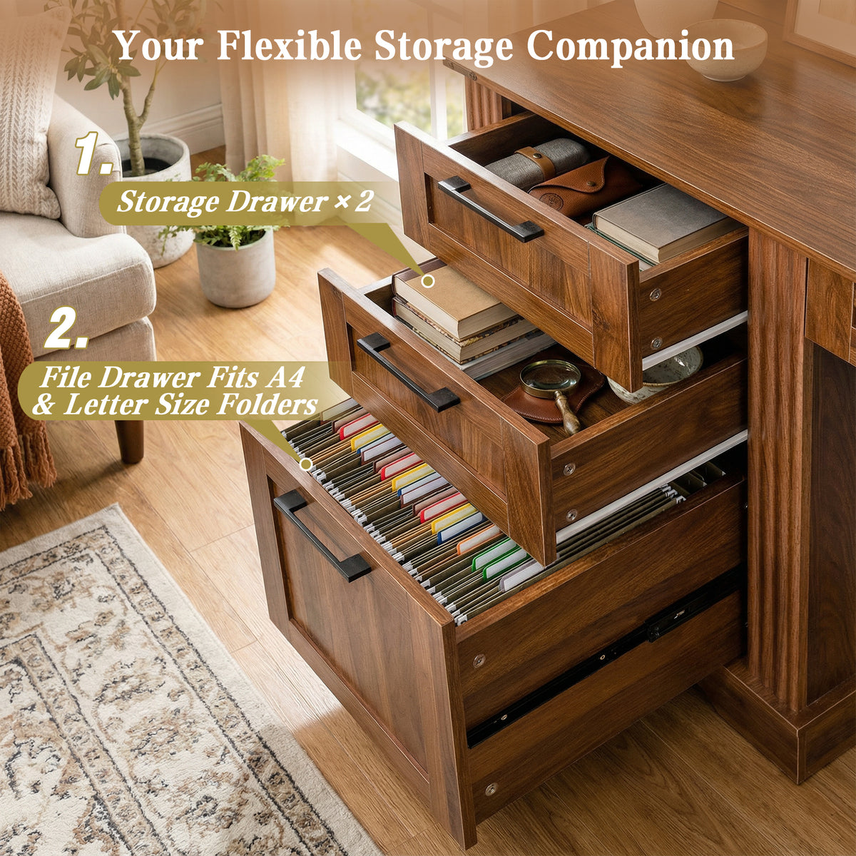 Anthony & Home dark walnut farmhouse office desk with barn door, monitor stand, and built-in charging station.