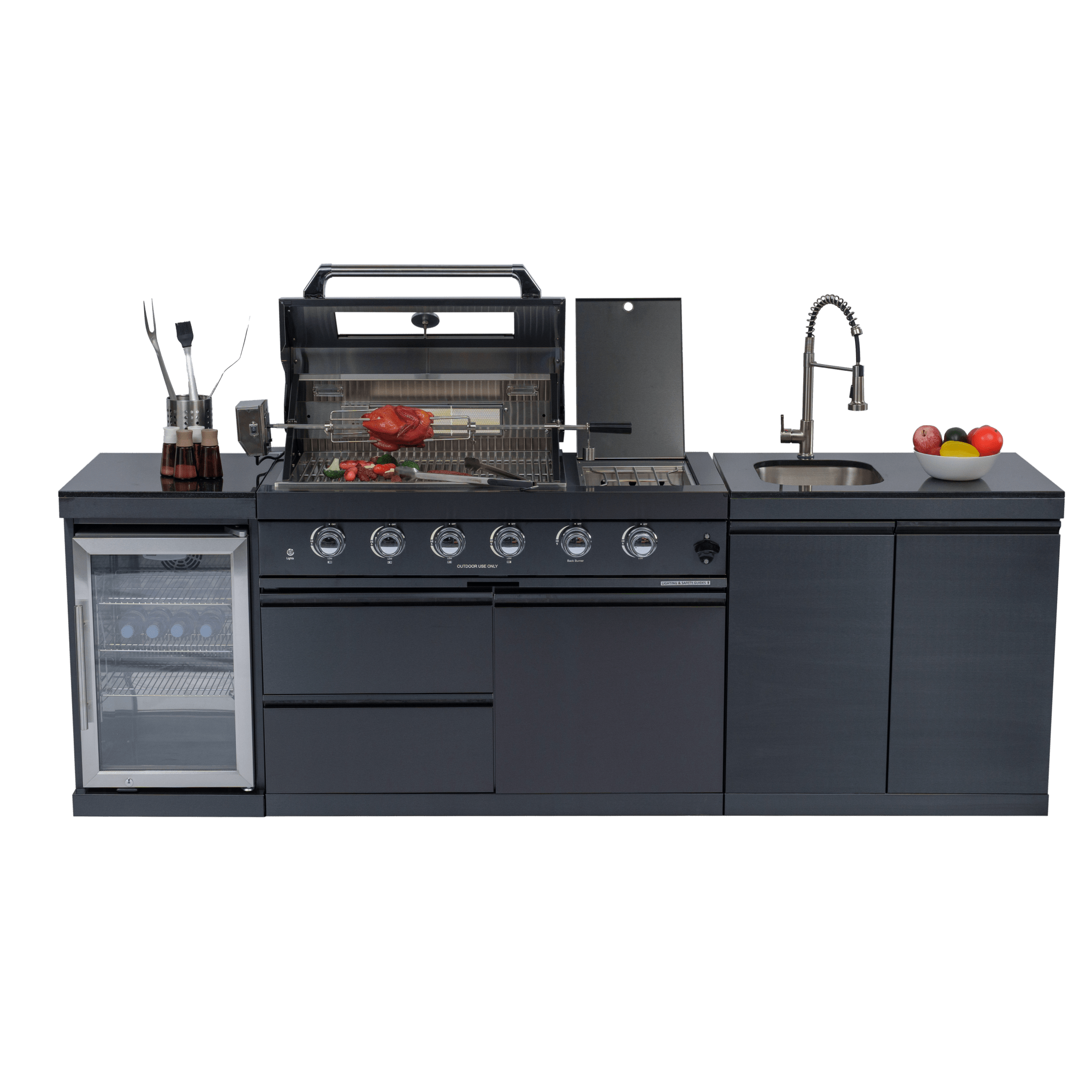 Anthony & Home 46-inch gas outdoor kitchen island with granite countertop and built-in appliances for outdoor cooking and entertainment.