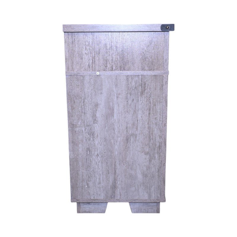 Iron mesh barn door TV stand by Anthony & Home, Signature Edition, with rustic iron mesh doors and wooden shelves for modern decor.