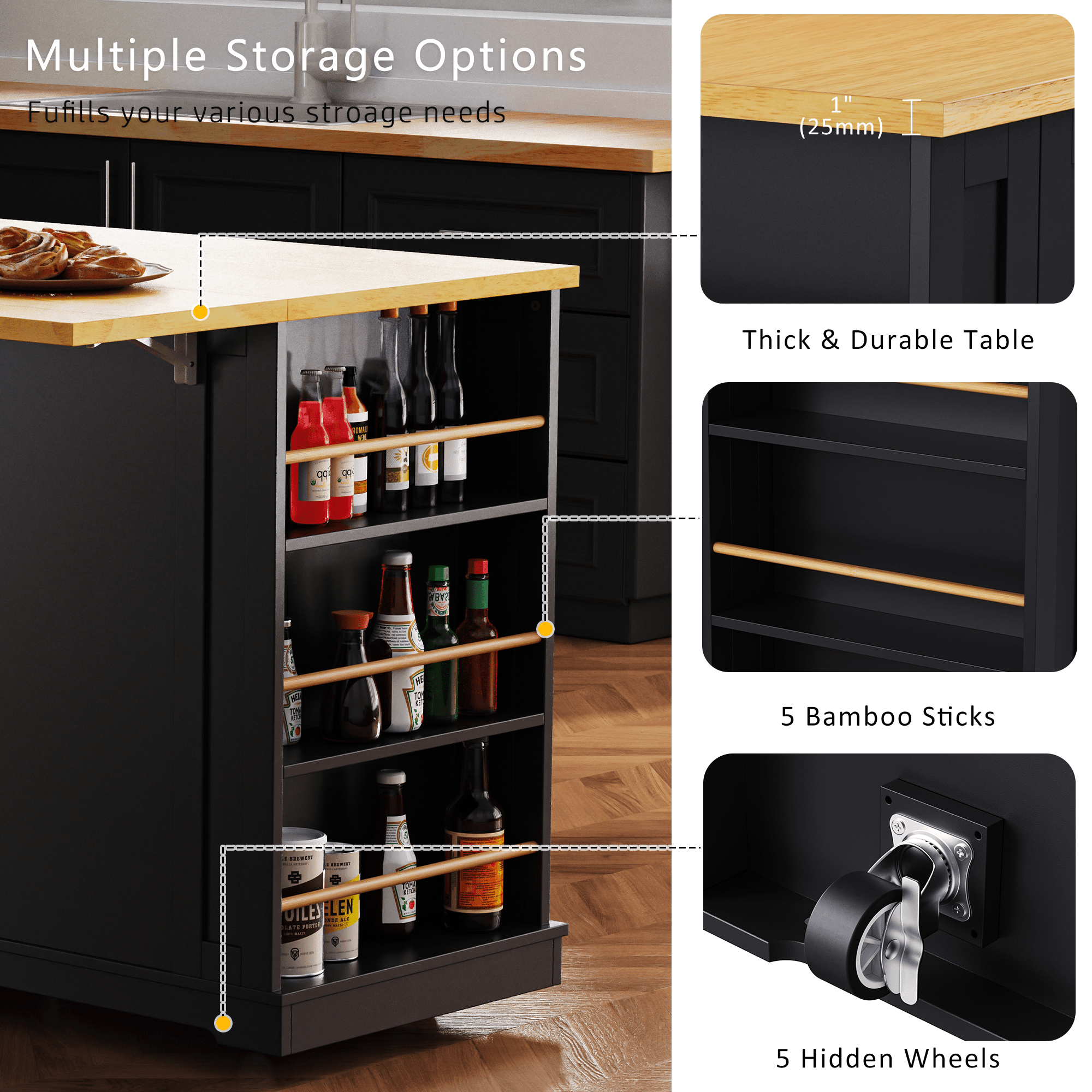 Matte black MDF kitchen island by Anthony & Home with 53-inch surface, power outlet, and drop-leaf in studio collection