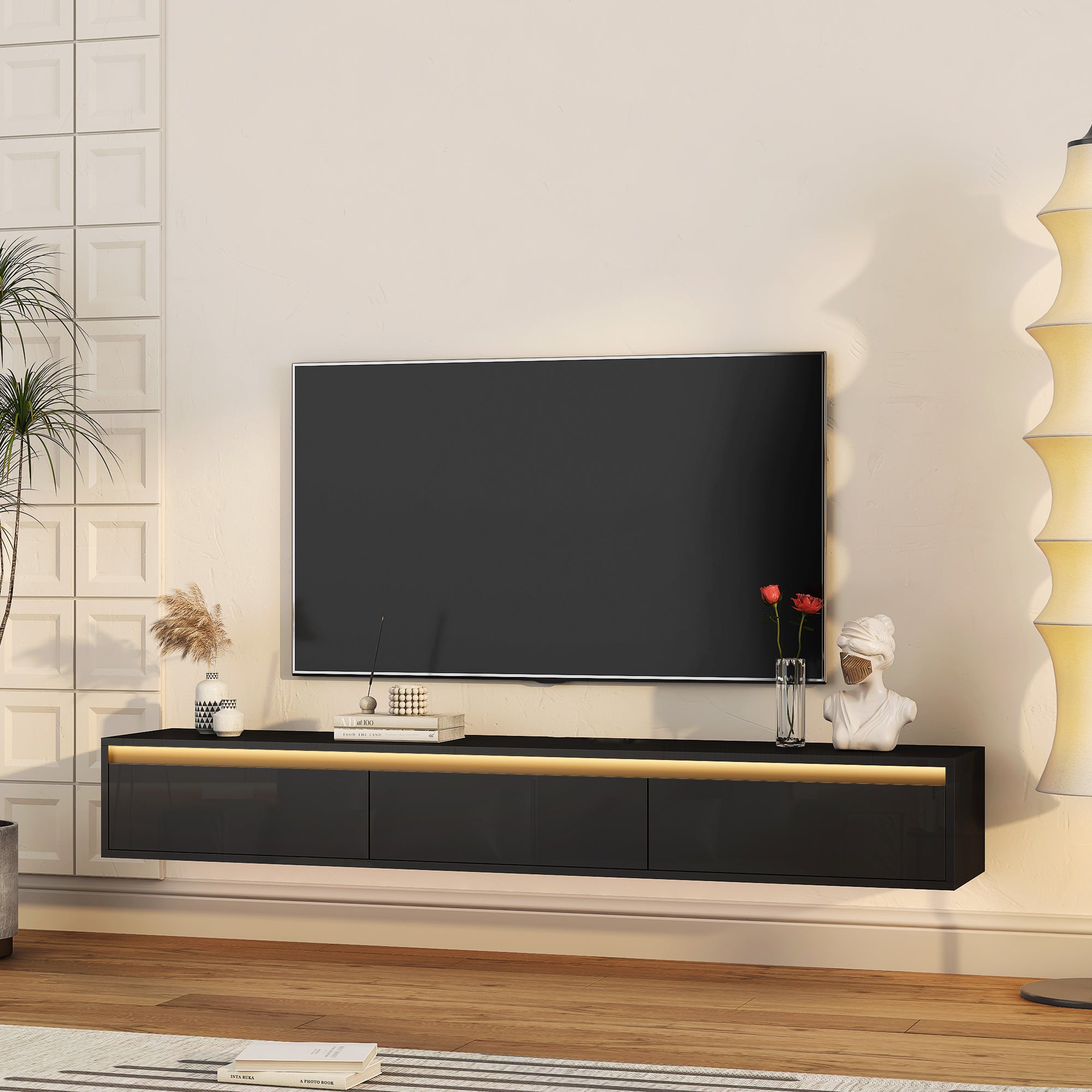 Floating Wall Mounted TV Stand With LED Lights Black