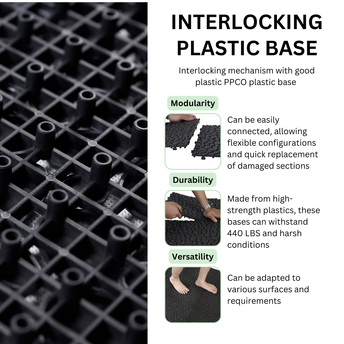 Black interlocking deck tiles from Anthony & Home, all-weather anti-slip polymer, 12x12 inch outdoor and indoor flooring.