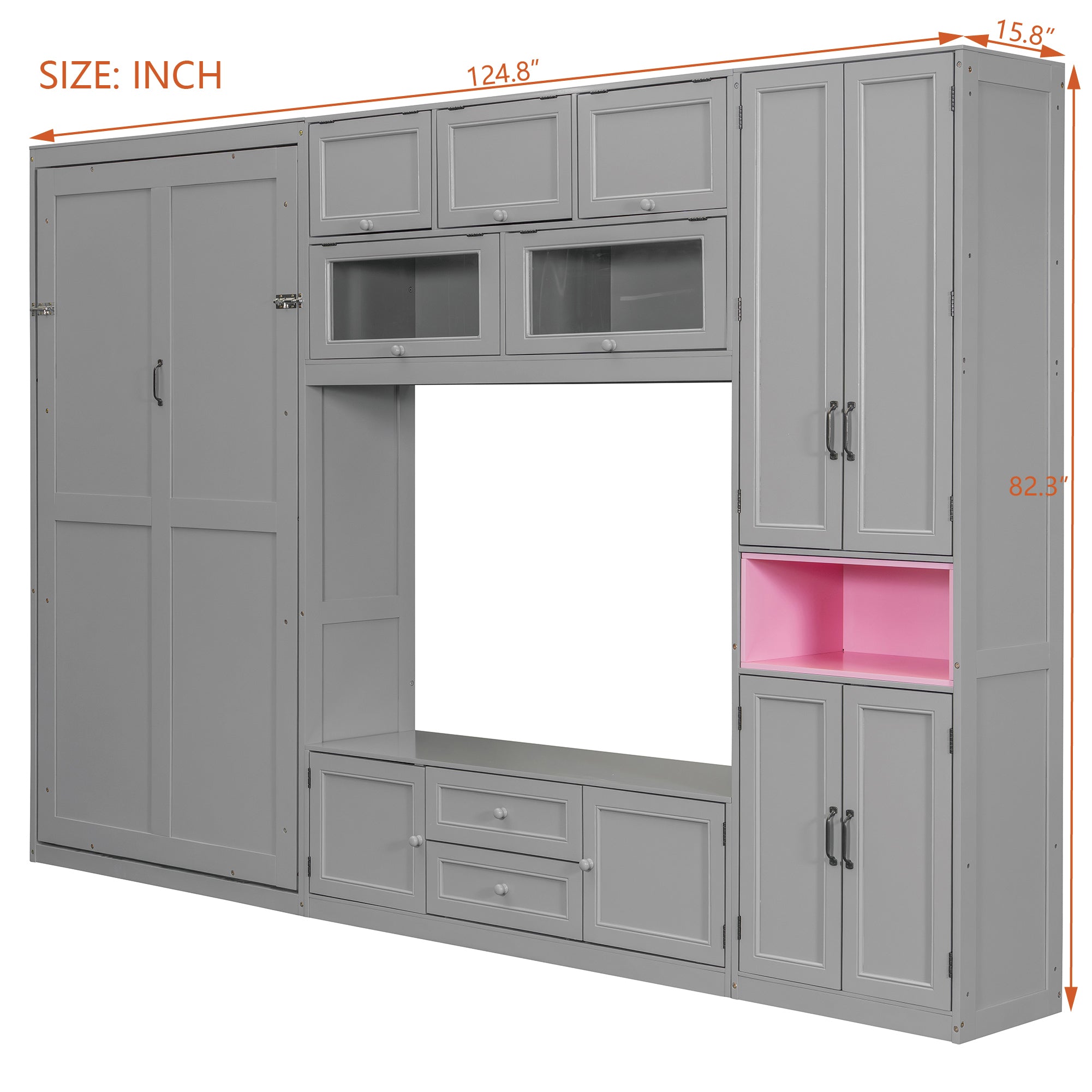 Gray solid wood Atelier Murphy Bed TV stand with drawers by Anthony & Home, showcasing a modern design with ample storage.