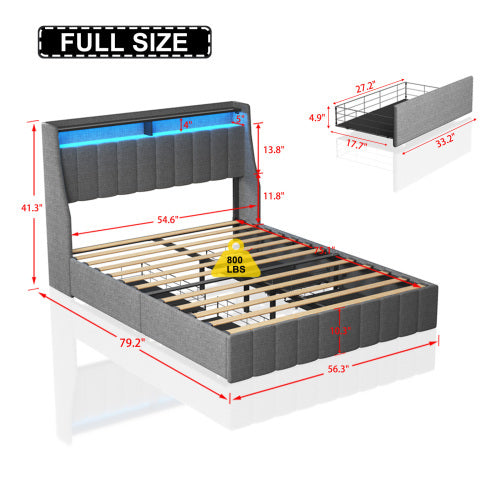 Full Size Bed Frame With Led And Under Bed Storage Drawers