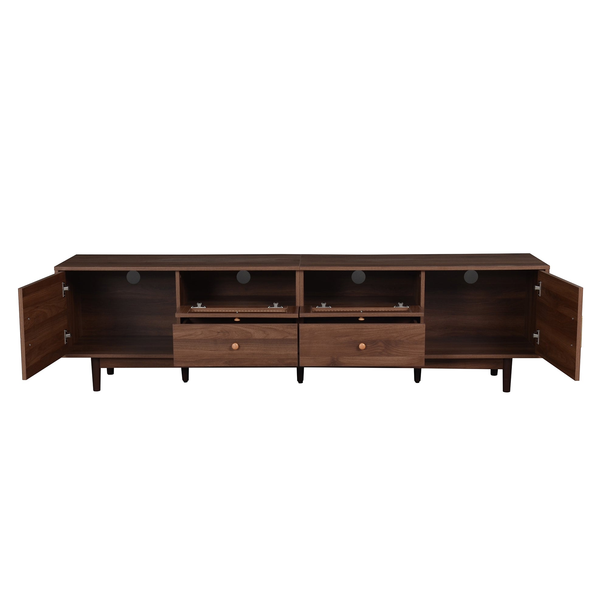 Dark brown pine wood entertainment center by Anthony & Home, featuring shelves and storage compartments in a modern design.