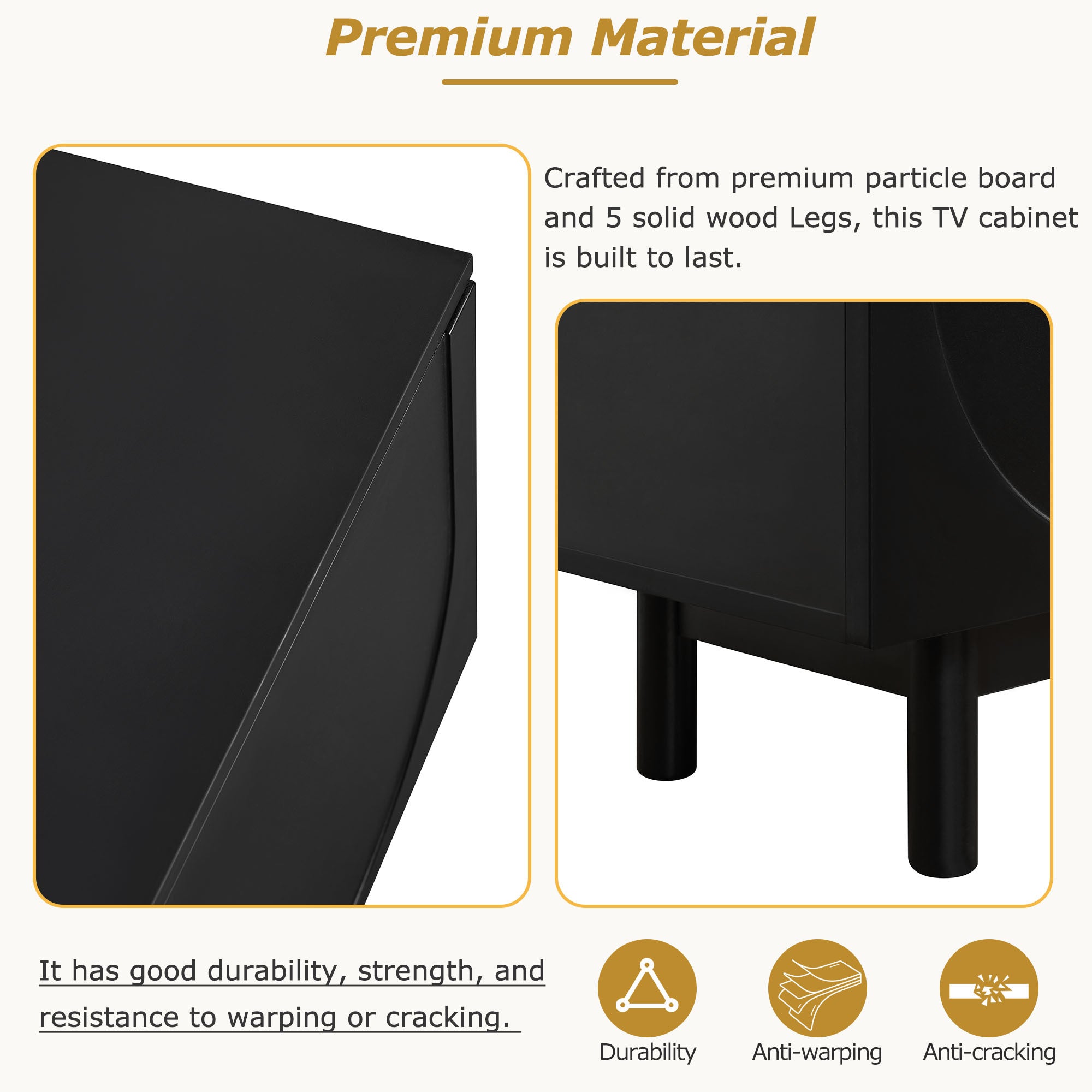 Black Anthony & Home TV stand with arch cabinets, solid wood legs, adjustable shelves, suitable for 78-inch TVs in living rooms.