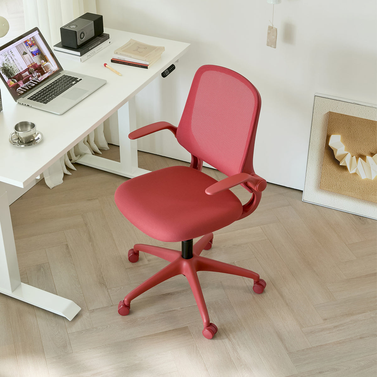 Red Anthony & Home ergonomic mesh office chair with integrated molded foam cushion from the Atelier Collection.