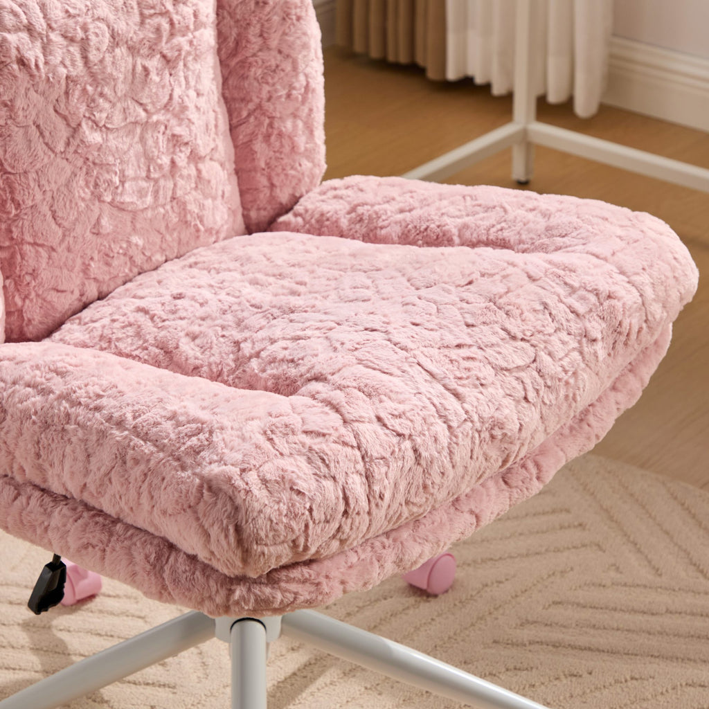 Pink faux rabbit hair office chair with a wide 26.4-inch seat and metal base by Anthony & Home.