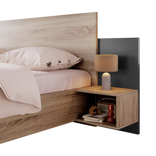 Oak Sonoma Dark Gray Wooden Double Bed With Two Nightstands