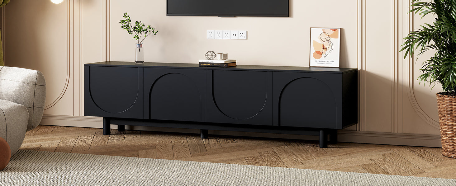 Black Anthony & Home TV stand with arch cabinets, minimalist design, solid wood legs, and adjustable shelves for up to 78-inch TVs.