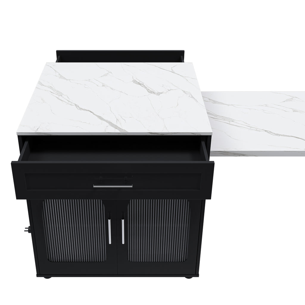 Black Expandable Kitchen Island with Marble - Grain Countertop, Power Outlet, Mobile Storage Cart with Cabinet & 2 Drawers, 80 - Inch Dining Table - Anthony & Home