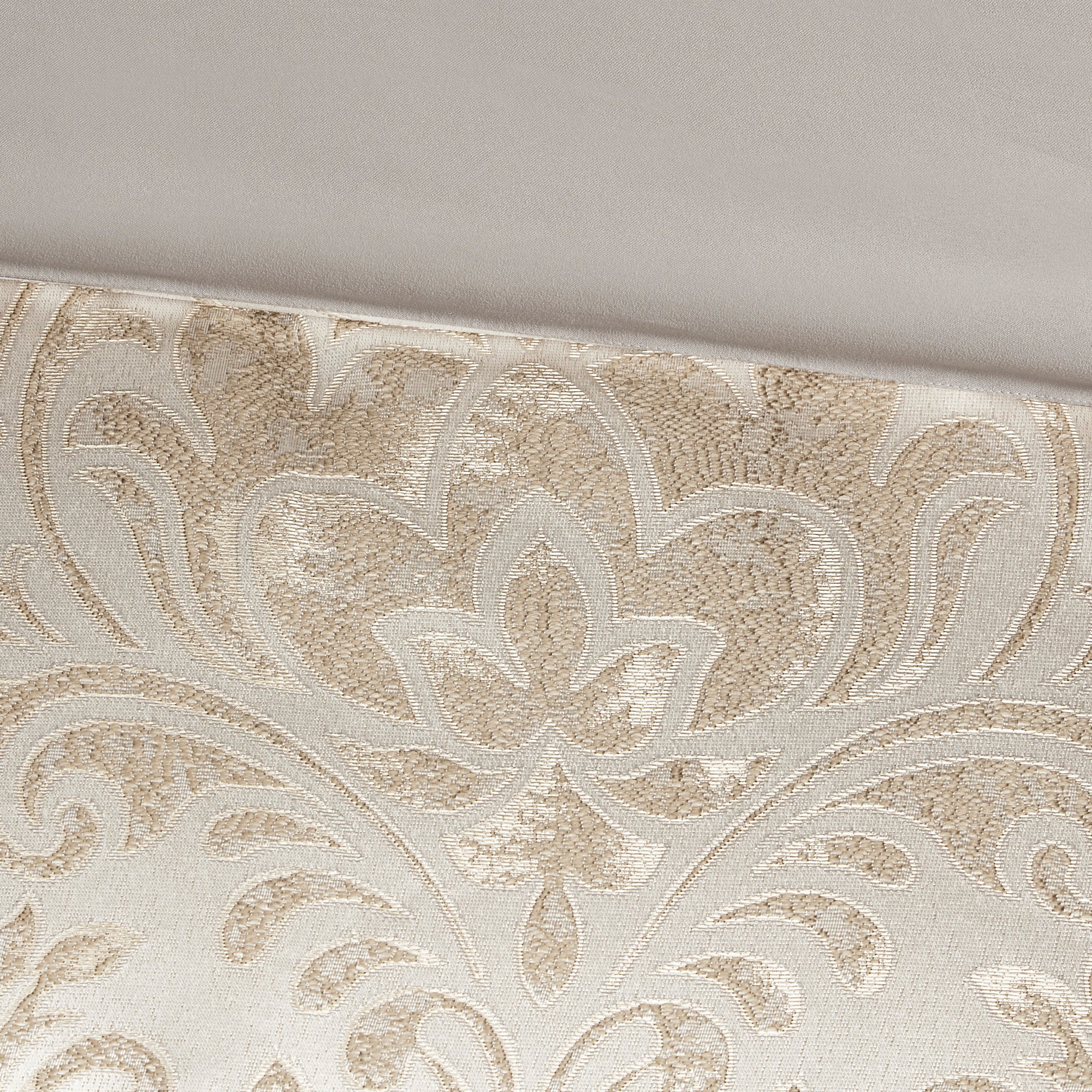 Anthony & Home Emilia Collection khaki Jacquard Damask king comforter set displayed on a bed with matching pillows.