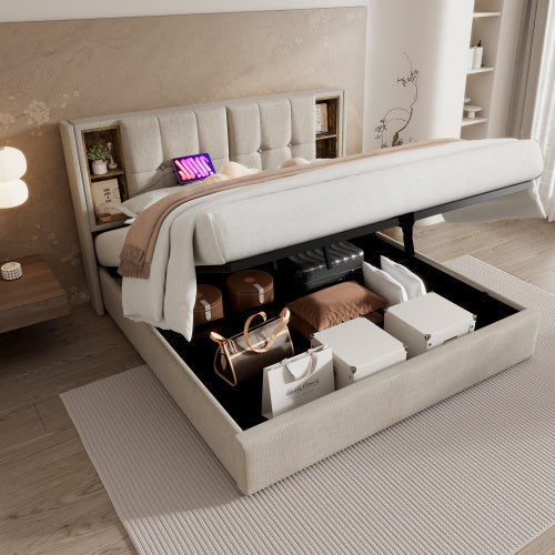 Natural Linen Bed Frame With USB Charge Port 180x200 cm