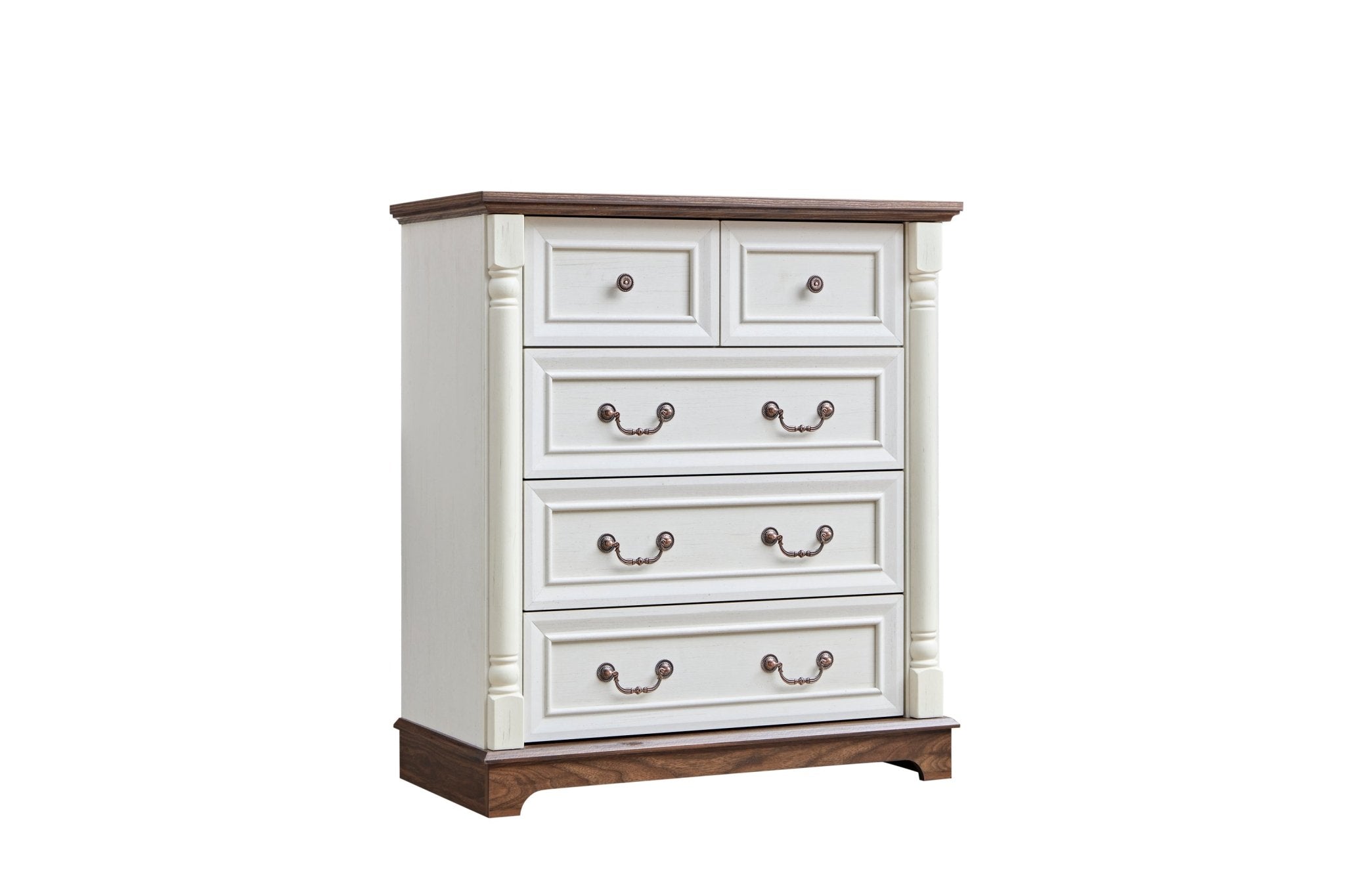 Walnut finish farmhouse 5-drawer dresser with plinth base from Anthony & Home Heritage Collection, showcasing rustic wooden storage furniture.