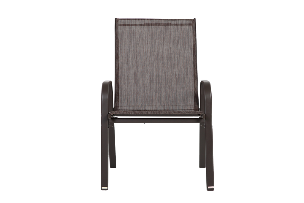 Set of six Anthony & Home Textilene patio chairs with high backs and brown fabric, arranged outdoors on a patio.