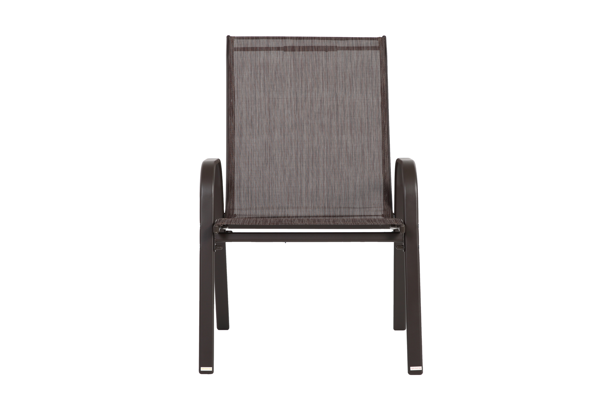 Set of six Anthony & Home Textilene patio chairs with high backs and brown fabric, arranged outdoors on a patio.