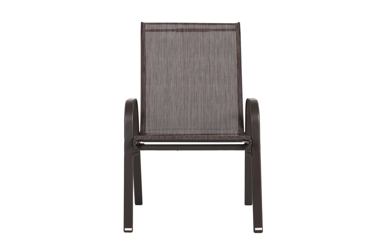 Set of six Anthony & Home Textilene patio chairs with high backs and brown fabric, arranged outdoors on a patio.