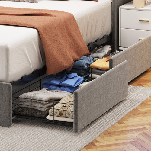 Full Size Bed Frame With Led And Under Bed Storage Drawers