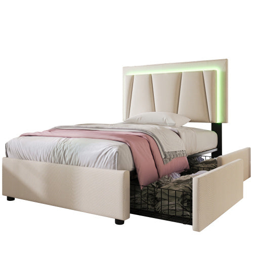 Wooden Storage Bed Frame 90x200cm Beige With Drawers