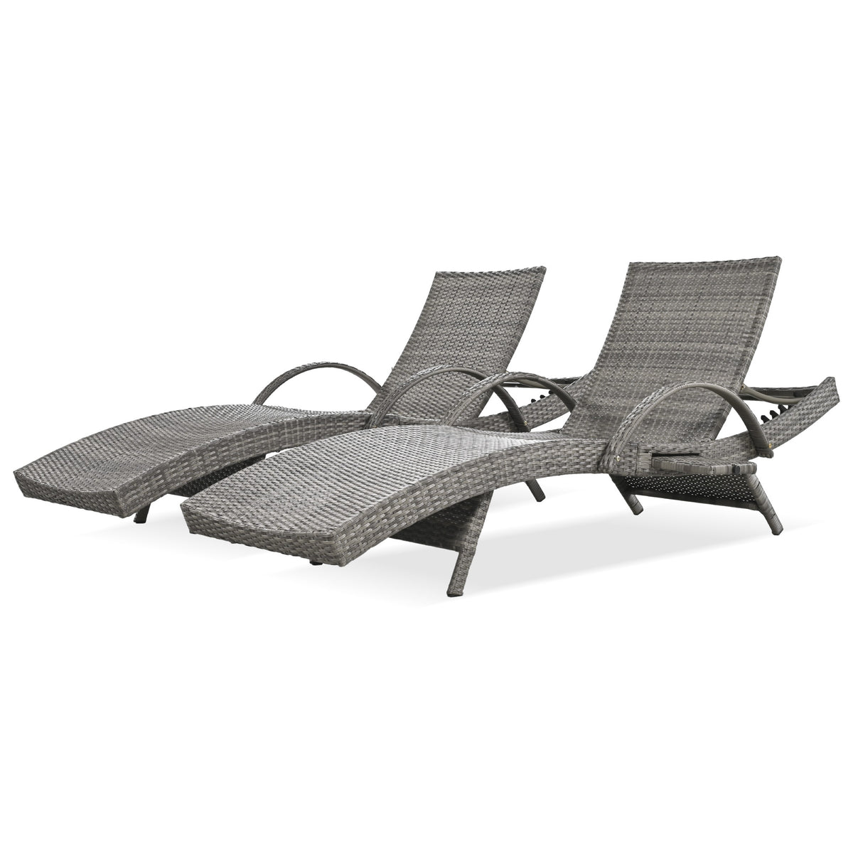Outdoor wicker chaise lounge set with ergonomic wave design in grey by Anthony & Home, featuring cushioned seats and metal frames.
