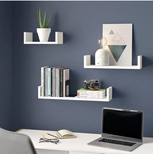 White Wood U Shelf Set Wall Mounted Three Piece Storage