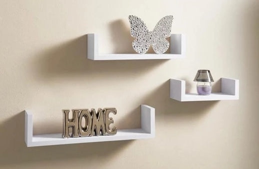 White Wood U Shelf Set Wall Mounted Three Piece Storage